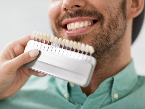 Dentist determining shade of patient's teeth